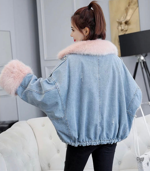 Denim Jacket with Fluffy Fur Collar and Cuffs