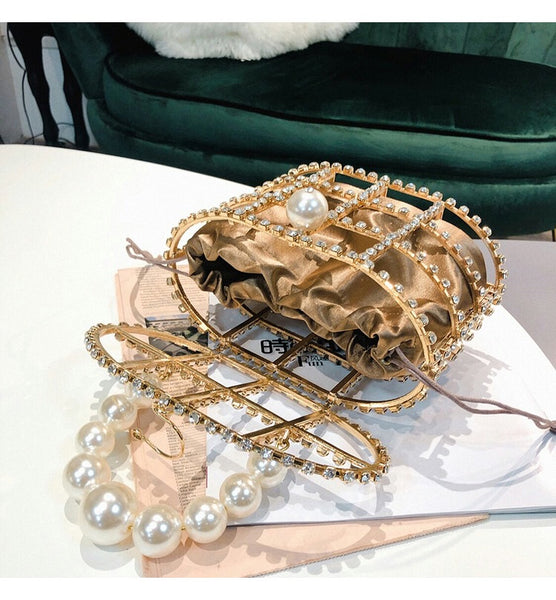 Gold Diamond Jewel Cage Bucket Bag with Pearl Handle