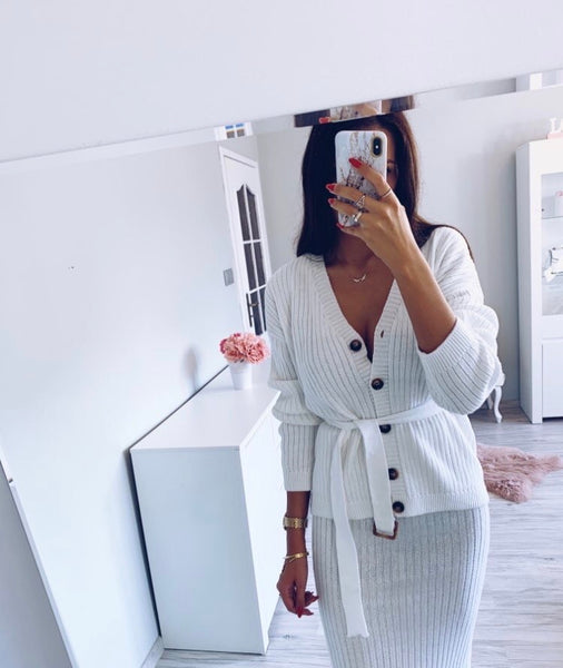 Elegant White Two Piece Knitted Skirt with Belted Button Up Cardigan