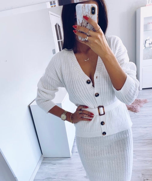 Elegant White Two Piece Knitted Skirt with Belted Button Up Cardigan