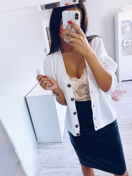 Elegant White Two Piece Knitted Skirt with Belted Button Up Cardigan