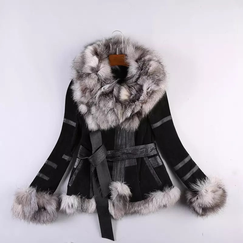 FrostDusk Grey Leather Jacket with Fur Collar Stylish