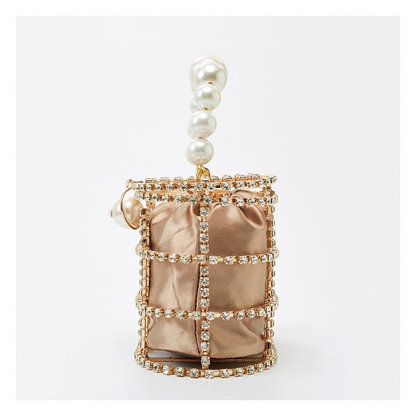 Gold Diamond Jewel Cage Bucket Bag with Pearl Handle