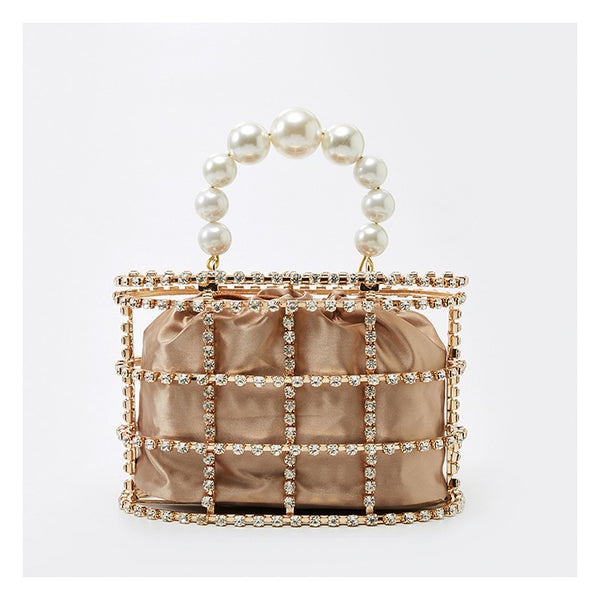 Gold Diamond Jewel Cage Bucket Bag with Pearl Handle