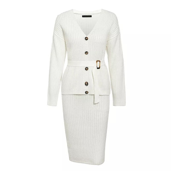 Elegant White Two Piece Knitted Skirt with Belted Button Up Cardigan