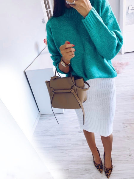 Elegant White Two Piece Knitted Skirt with Belted Button Up Cardigan