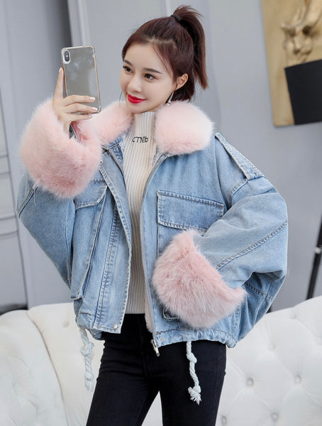 Denim Jacket with Fluffy Fur Collar and Cuffs