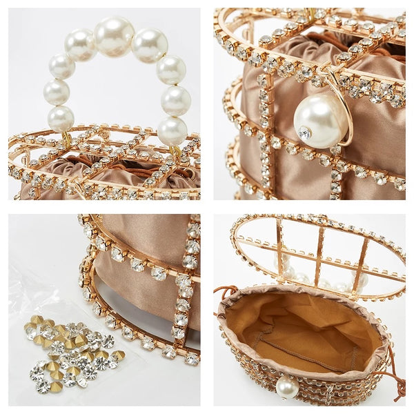 Gold Diamond Jewel Cage Bucket Bag with Pearl Handle