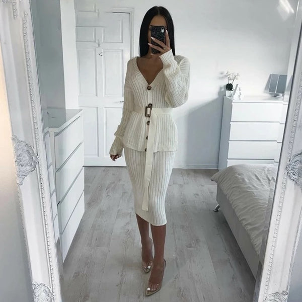 Elegant White Two Piece Knitted Skirt with Belted Button Up Cardigan