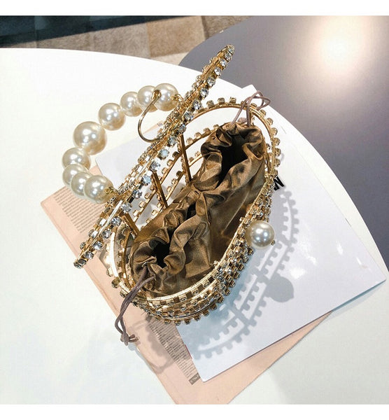 Gold Diamond Jewel Cage Bucket Bag with Pearl Handle