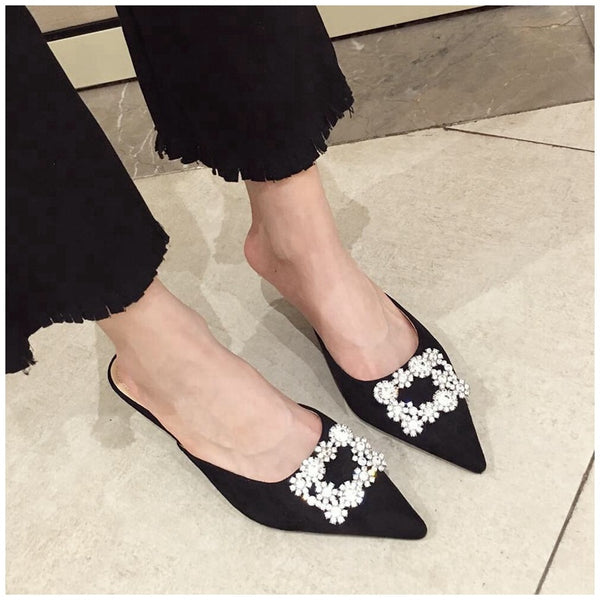 Pointed Toe Crystal Slip on Mule Heels