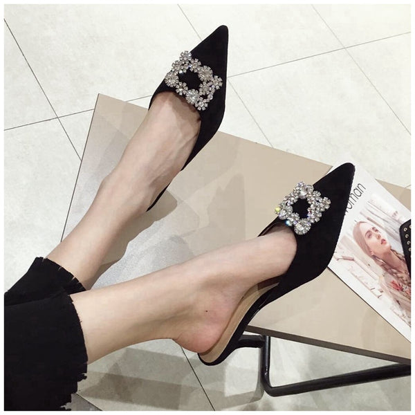 Pointed Toe Crystal Slip on Mule Heels
