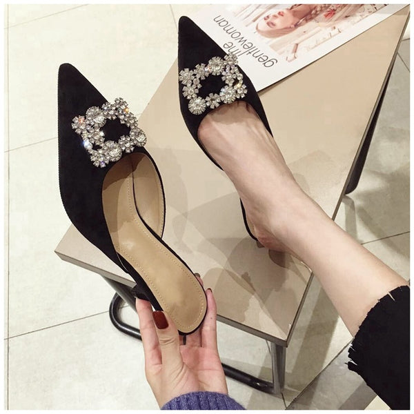 Pointed Toe Crystal Slip on Mule Heels