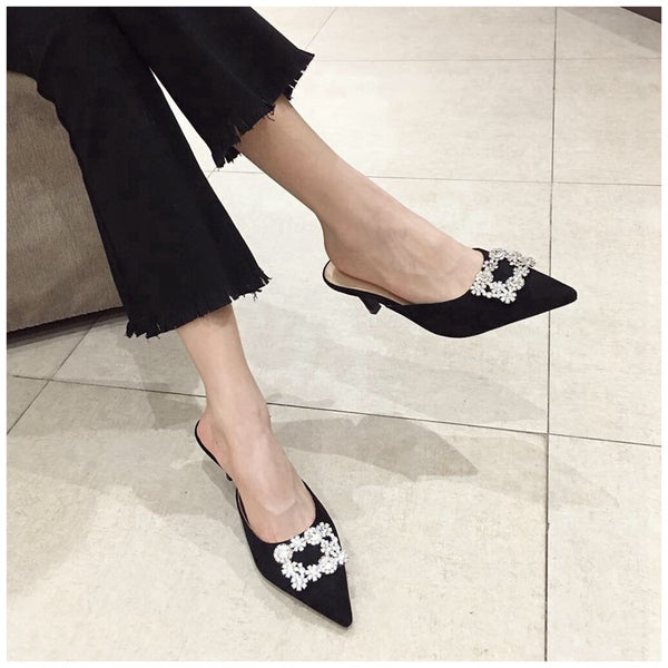 Pointed Toe Crystal Slip on Mule Heels