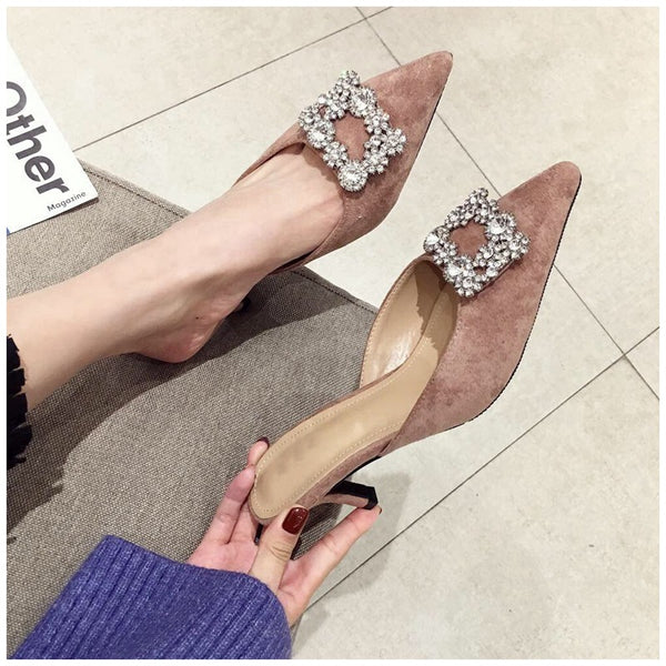 Pointed Toe Crystal Slip on Mule Heels