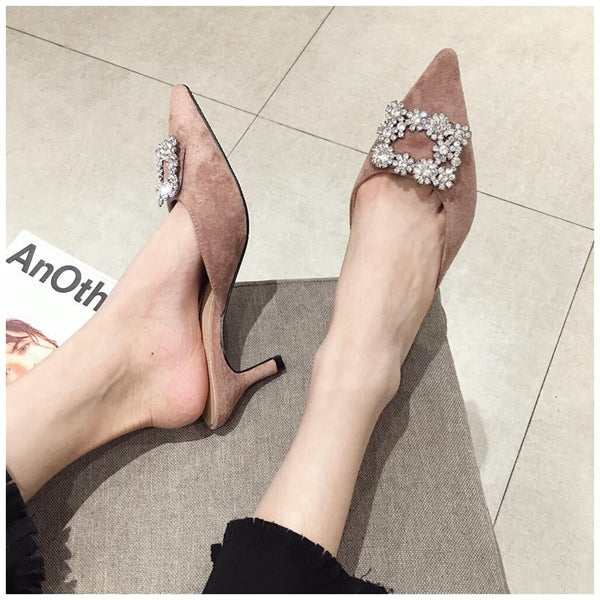 Pointed Toe Crystal Slip on Mule Heels