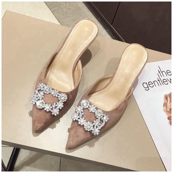 Pointed Toe Crystal Slip on Mule Heels