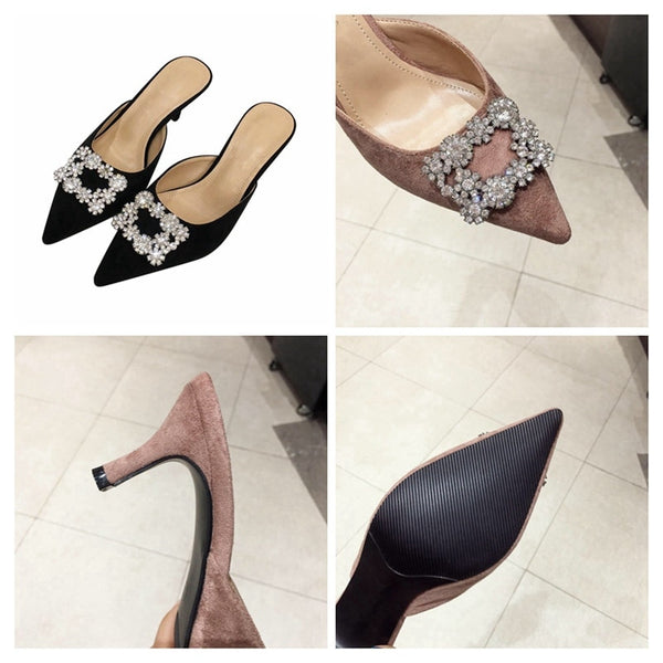 Pointed Toe Crystal Slip on Mule Heels