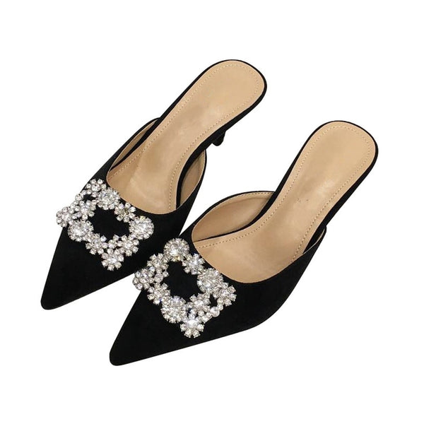 Pointed Toe Crystal Slip on Mule Heels