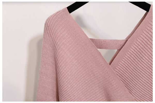 Knitted Two Piece V Neck Sweater and Skirt Suit Set