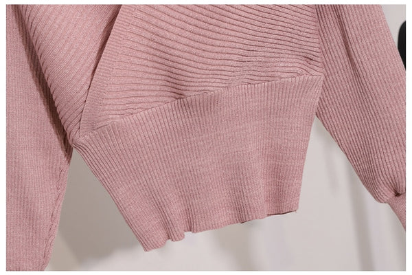 Knitted Two Piece V Neck Sweater and Skirt Suit Set