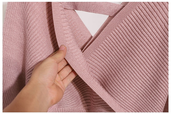 Knitted Two Piece V Neck Sweater and Skirt Suit Set