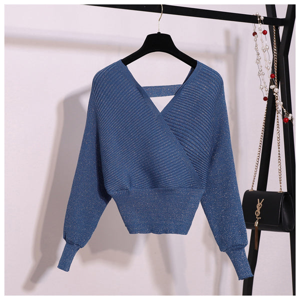 Knitted Two Piece V Neck Sweater and Skirt Suit Set