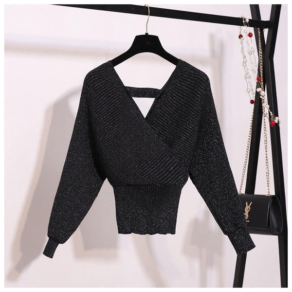 Knitted Two Piece V Neck Sweater and Skirt Suit Set