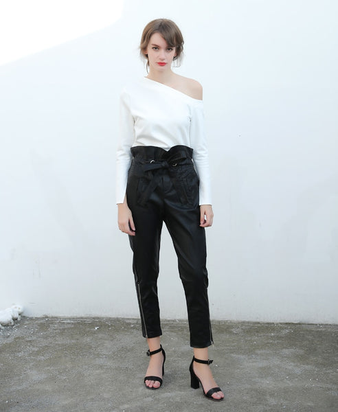 Vegan Leather High Ruffle Waist Pencil Trousers