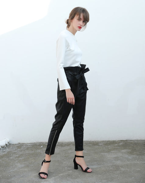 Vegan Leather High Ruffle Waist Pencil Trousers