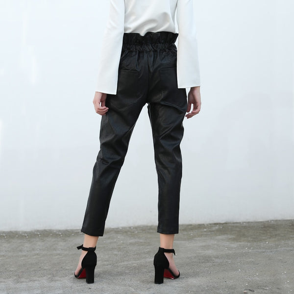 Vegan Leather High Ruffle Waist Pencil Trousers