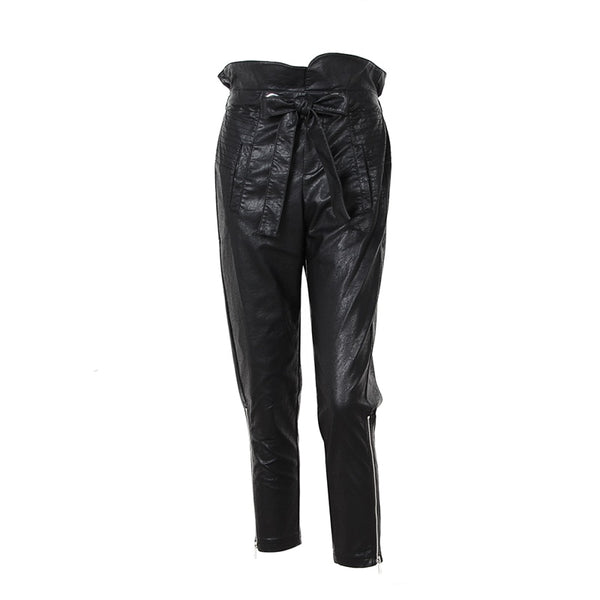 Vegan Leather High Ruffle Waist Pencil Trousers