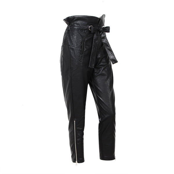 Vegan Leather High Ruffle Waist Pencil Trousers