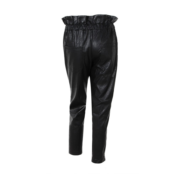 Vegan Leather High Ruffle Waist Pencil Trousers
