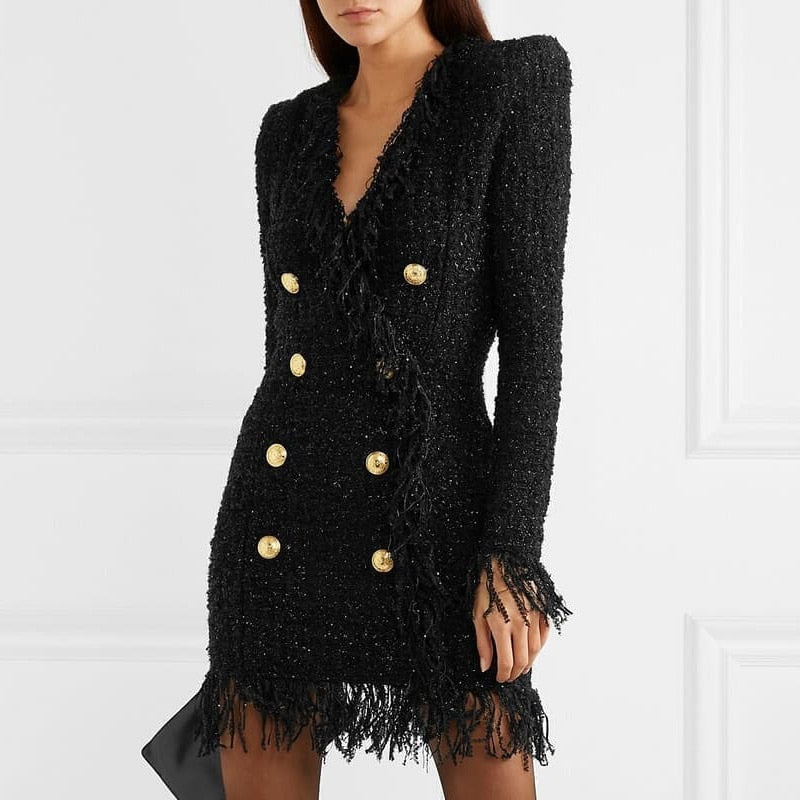 V-neck Double Breasted Tweed Tassel Dress White / XXL