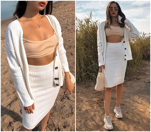 Elegant White Two Piece Knitted Skirt with Belted Button Up Cardigan