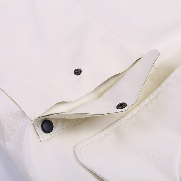 Oversized Turn Down Collar White Vegan Leather Jacket