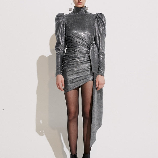 Shiny Silver Asymmetrical Puff Sleeve Ruched Dress L Shiny Silver Asymmetrical Puff Sleeve Ruched Dress L