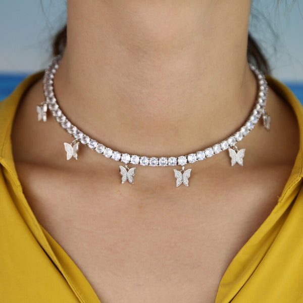 Iced Out Butterfly Diamond Choker Tennis Necklace