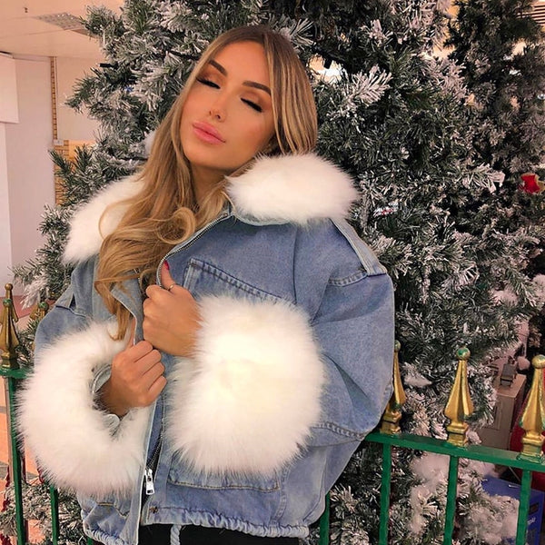 Denim Jacket with Fluffy Fur Collar and Cuffs