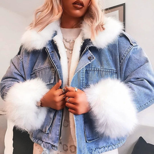 Denim Jacket with Fluffy Fur Collar and Cuffs