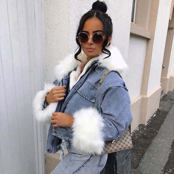 Denim Jacket with Fluffy Fur Collar and Cuffs