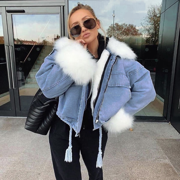 Denim Jacket with Fluffy Fur Collar and Cuffs