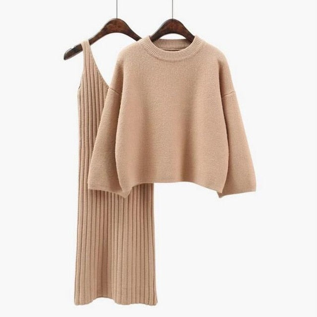 Two Piece Ribbed Knit Dress and Long Sleeve Sweater Set Green / One Size