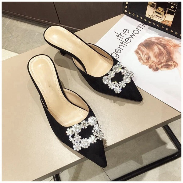 Pointed Toe Crystal Slip on Mule Heels