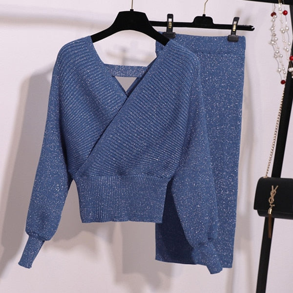 Knitted Two Piece V Neck Sweater and Skirt Suit Set
