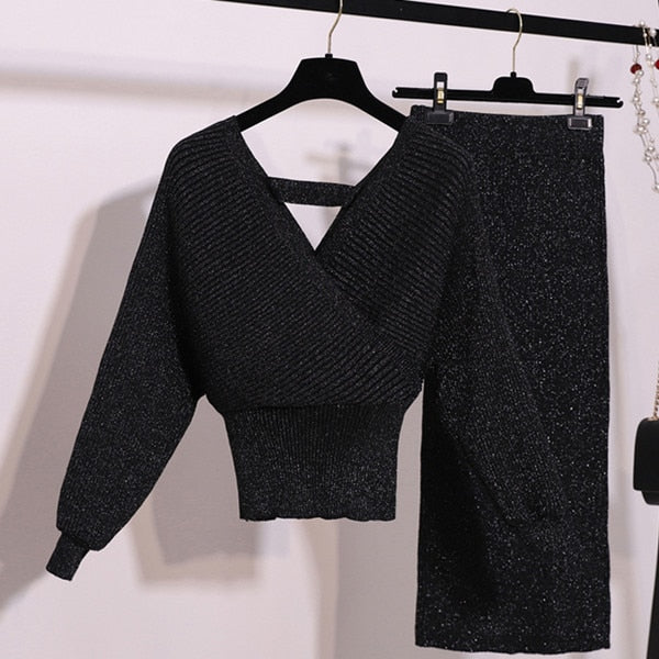 Knitted Two Piece V Neck Sweater and Skirt Suit Set