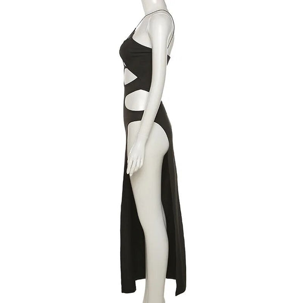 Cryptographic Backless Halter Cut Out Hight Split Maxi Dress
