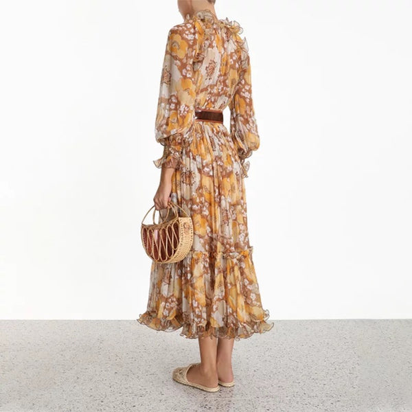 Vintage Print Long Ruffle Dress with Lantern Sleeves