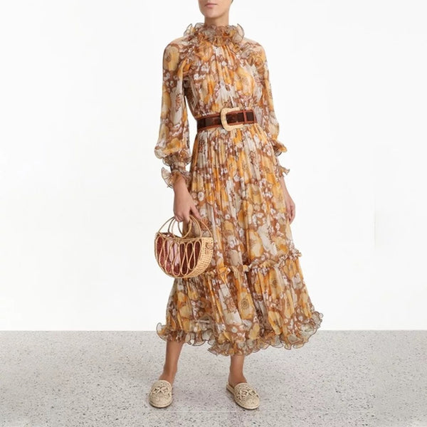 Vintage Print Long Ruffle Dress with Lantern Sleeves